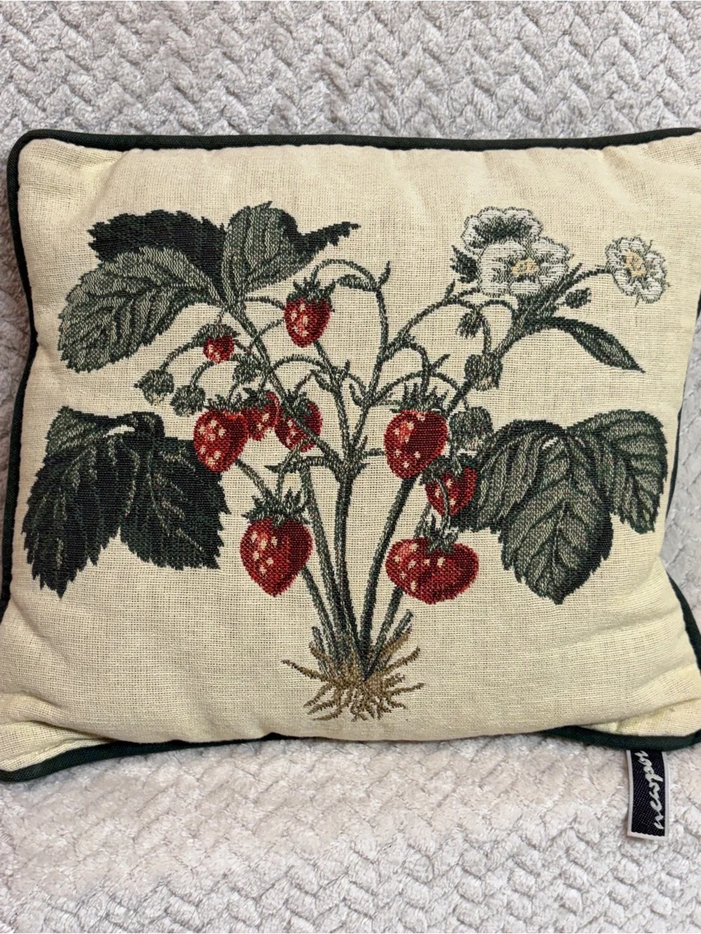 Vtg Newport Woven Tapestry Strawberry Throw Pillow Cottagecore Forest Green